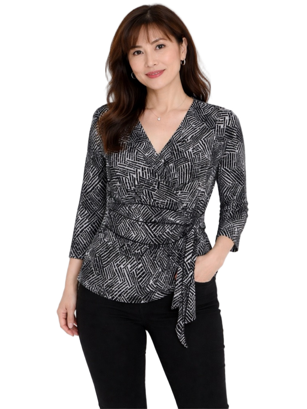 ann taylor black and white wrap v neck blouse